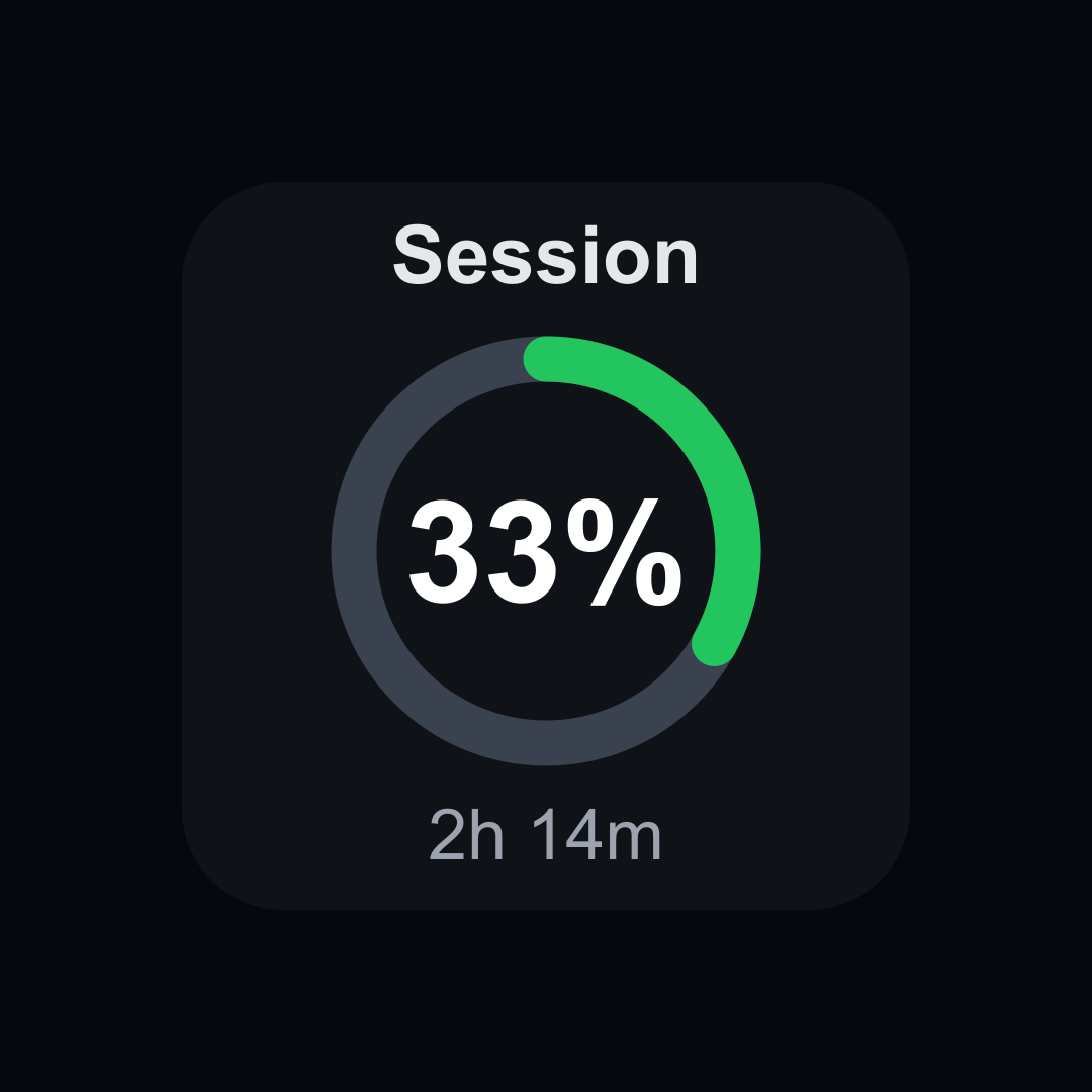 Session limit gauge at 33 percent, green